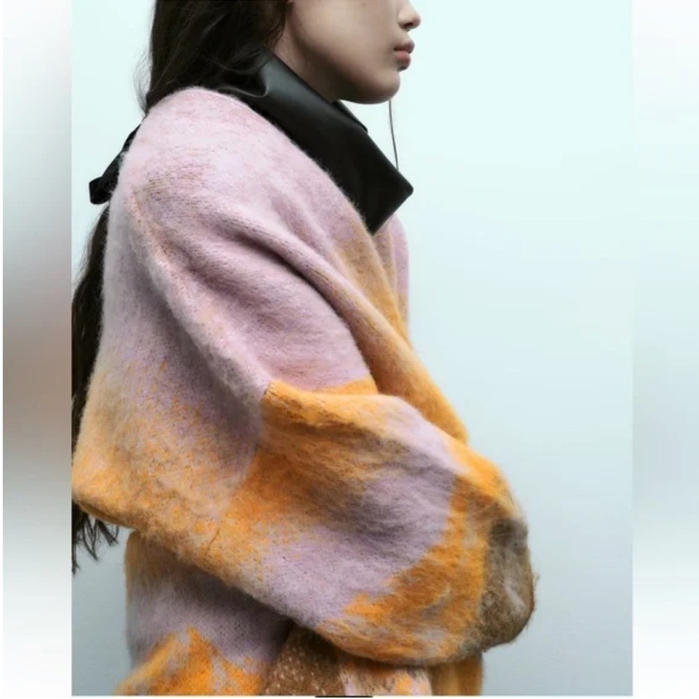Zara Alpaca Wool blend Colorful Knit Wrap Coat, Long Cardigan, Lilac & Orange, M - Picture 5 of 16